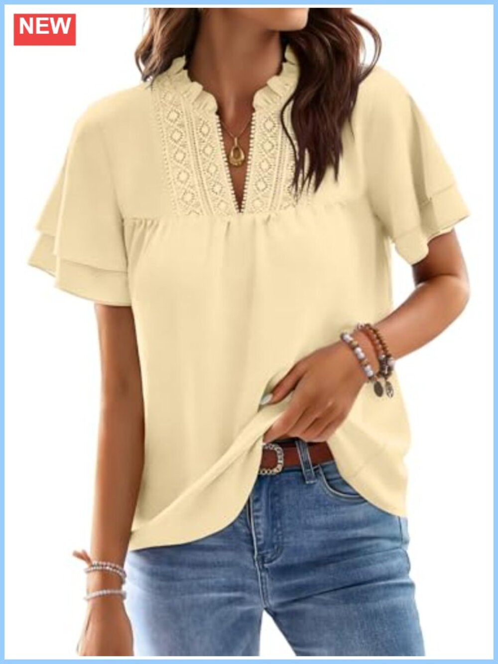 Womens Lace V Neck Ruffle Short Sleeve T Shirt Boho Blouse